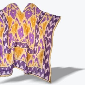 Theadora & Callum Ikat Kaftan Beach Cover Purple Poncho Resortwear Linen Blend